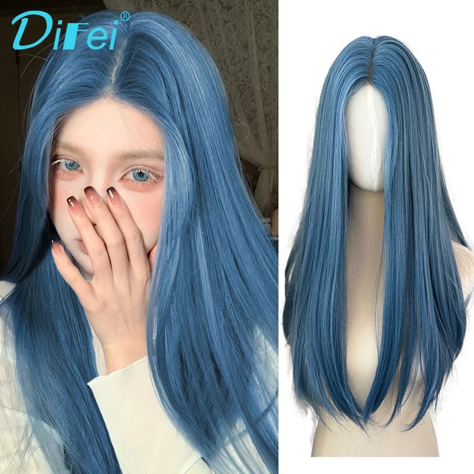 Forehead Lace Blue Long Straight Synthetic Wig Female Fresh Loneliness Daily Smog Blue Long Straight Hair Wig