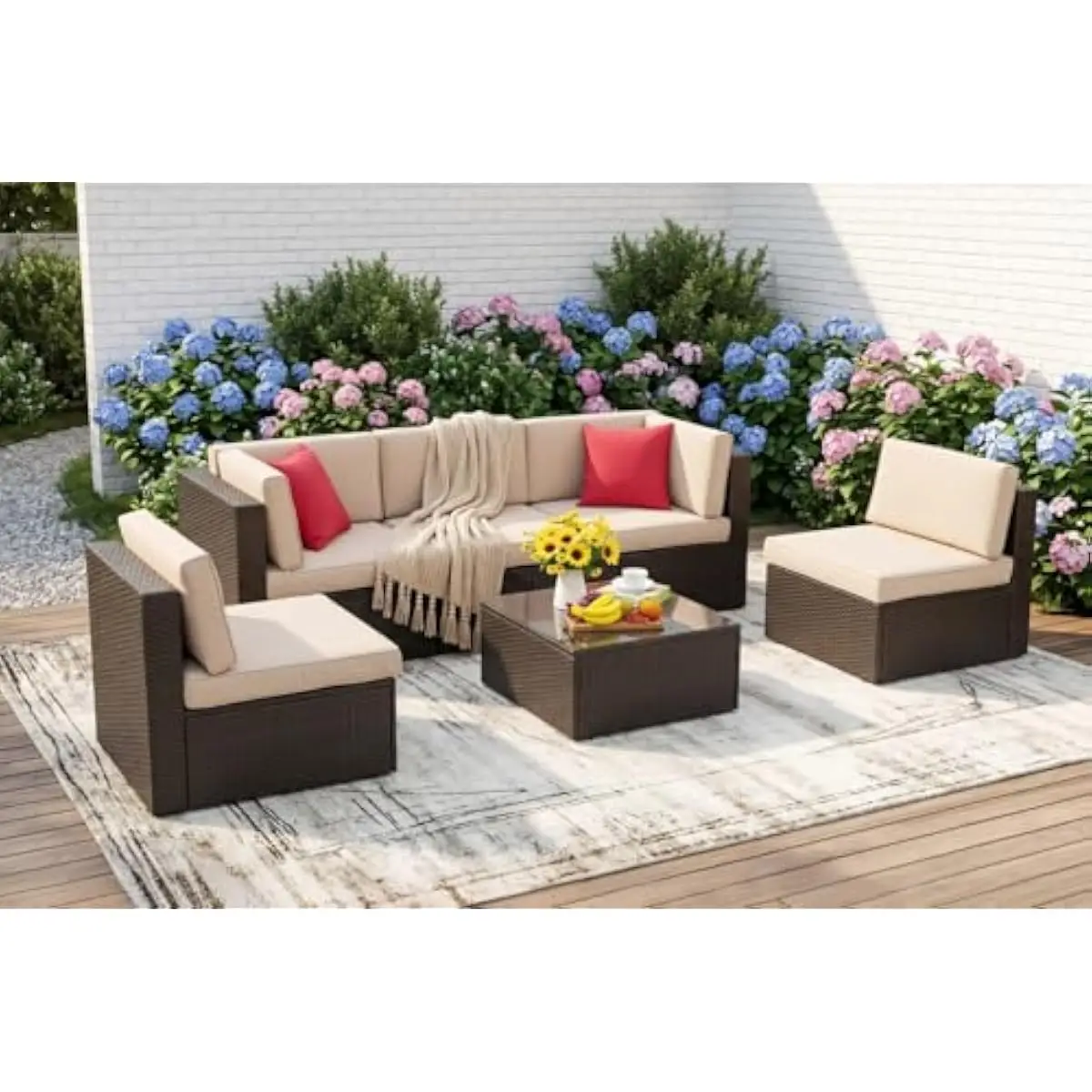 6-Piece All-Weather Wicker Outdoor Lounge Set with Modular Seating Configuration • Beige Finish • Powder-Coated Steel Frame • PE