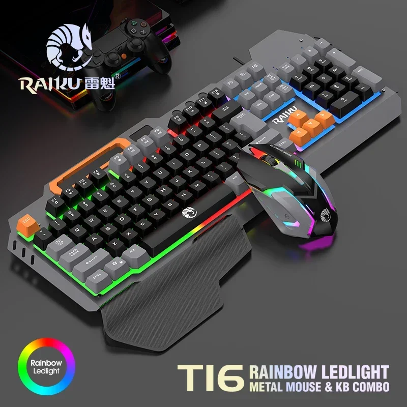 T16 Wired Metal Gaming Backlit Keyboard and Mouse Set with Palm Rest LED Colorful Keyboard 6-Key Rainbow Mouse