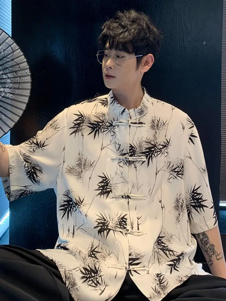 

New Chinese Sle Ice Silk irt Men's ort Sve Thin Semi Sve irt Youthful Modified Tang Costume Hanfu Summer Wear