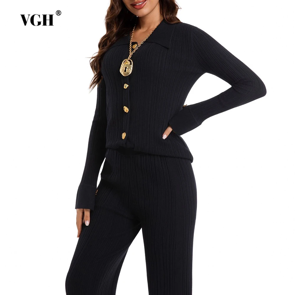 VGH Elegant Solid Slimming Two Piece Sets For Women Lapel Long Sleeve Spliced Button Top High Waist Pants Casual Set Female New