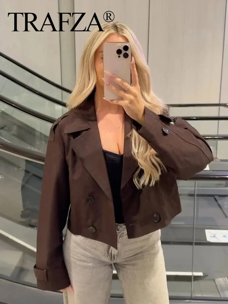 

TRAFZA Autumn Fashion Vintage Cropped Trench Coat Solid Color Lapel Double Breasted With Pockets Women's Elegant Commuter Jacket