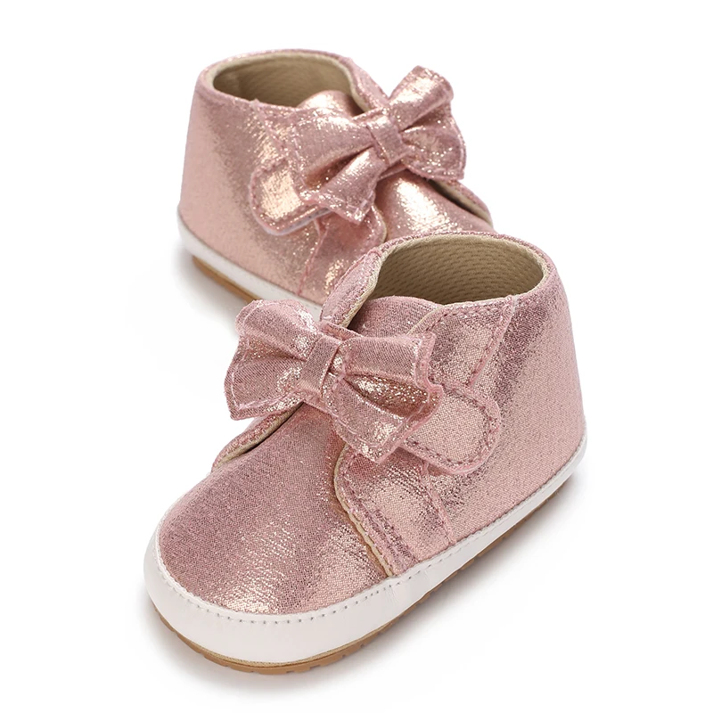 Baby Girls Shiny Metallic Ankle Boots Big Bow Decor Soft Non Slip Sole Infant Newborn Princess Crib First BabWalkers Shoes 0-18M