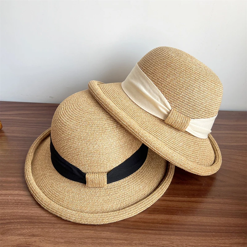 

New Trendy Elegant Rolled Brim Raffia Hat With Satin Band Casual Beach Sun Hat Women Summer Vacation Boho Wedding Outdoor Caps