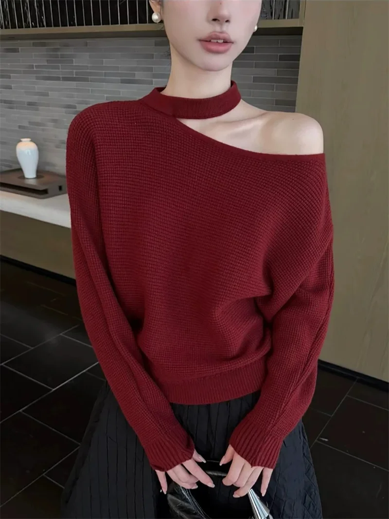 YZJNH 2026 Autumn/Winter New Round Neck Hanging Neck Off Shoulder Knitted Sweater Women's Bat Sleeve Loose Inner Top