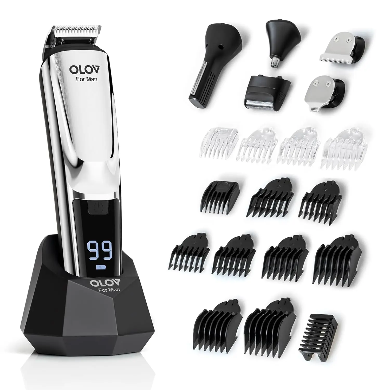 

Men's Grooming Kit: Beard Trimmer, Electric Shaver, Nose Hair Trimmer, Cordless Clippers, Waterproof & Silver