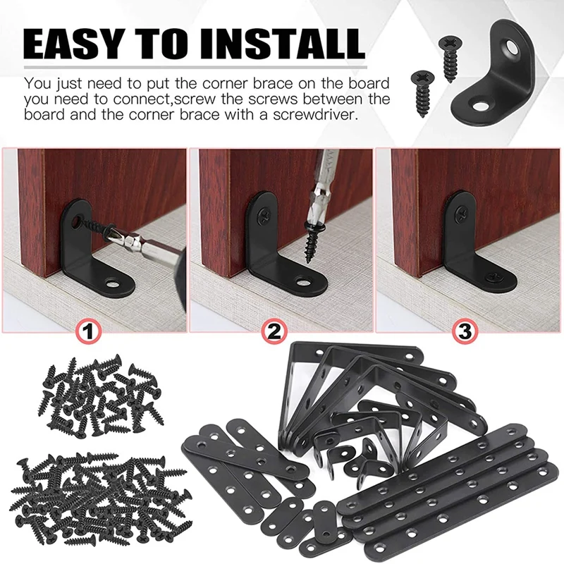 24 Pack Stainless Steel Black L Bracket Corner Brace And Straight Bracket With Screws Corner Fastener For Joist Support