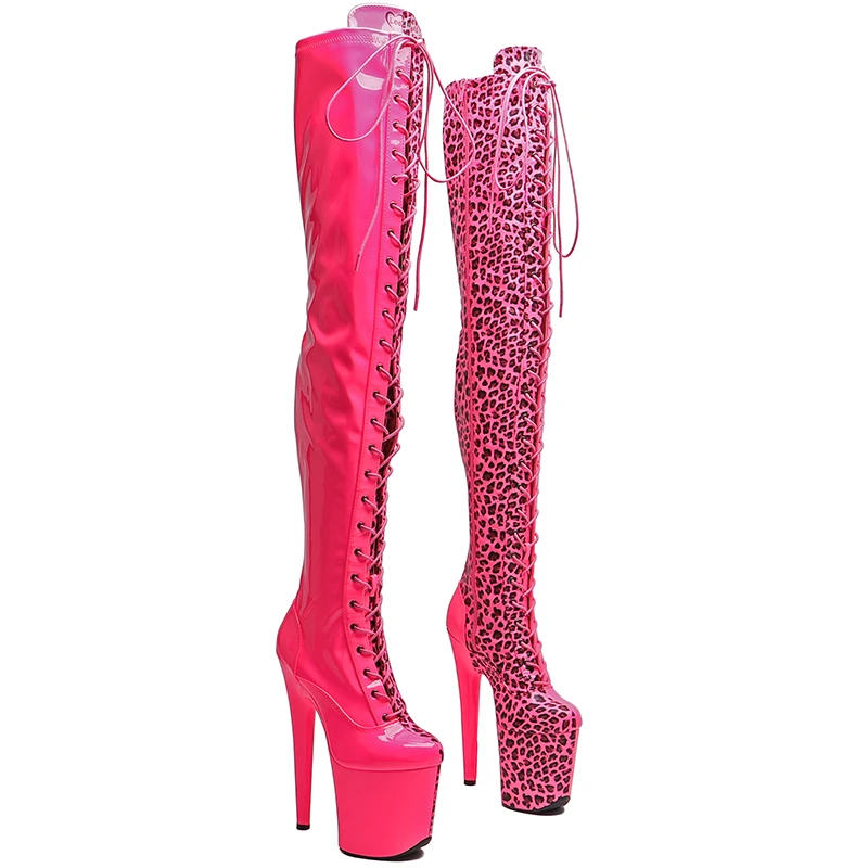 Leecabe  20CM/8inches Shiny Patent PU  with Leopard Fashionable and sexy  High Heel platform Boots Pole Dance boots