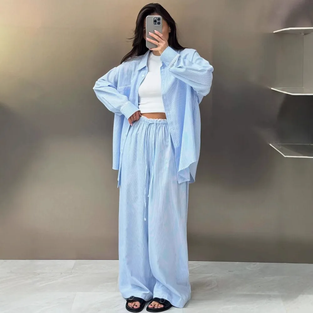 2025 الصيف تصميم الشعور المتخصصة موضة الحماية من الشمس قطعتين مجموعة المرأة عادية رقيقة فضفاضة طويلة الأكمام قميص السراويل