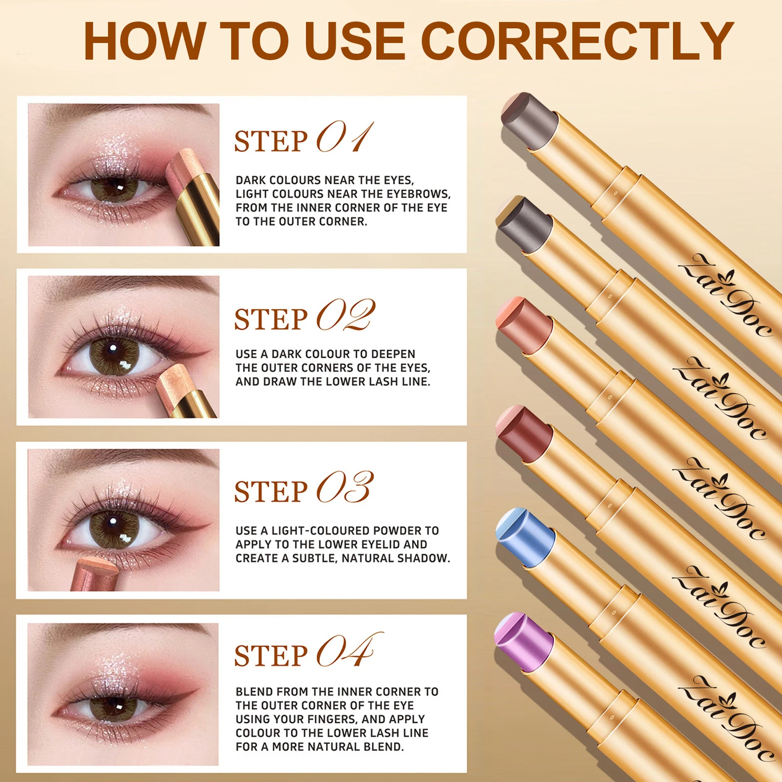ZaiDoc 3 Color-in-1 Eyeshadow Stick Glitter Shimmer Natural Creamy Long Lasting Makeup 3.5g Each view 8