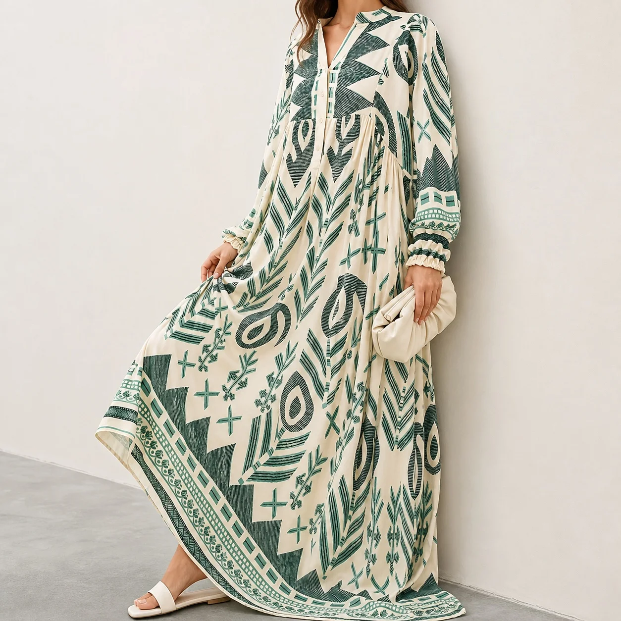 Women's Green Printed Open Abaya Maxi Dress V Neck Loose Fit A Line Button Front Elegant Moroccan Caftan Muslim Woman Abayas