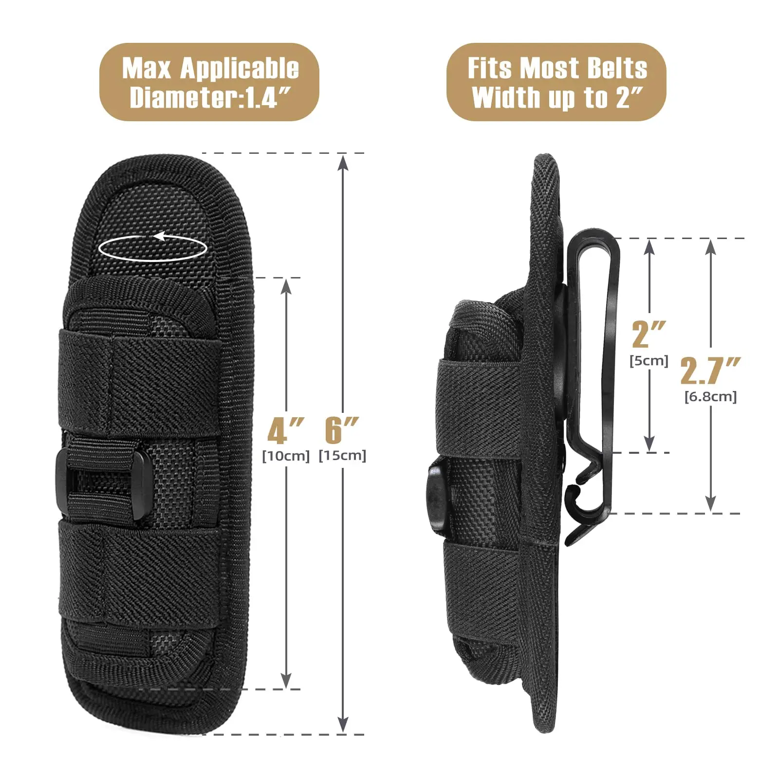 Tactical Flashlight Pouch Holster, Rotatable Flashlight Holder Belt Clip Tactical Torch Carry Case with 360 Degree Carabiner