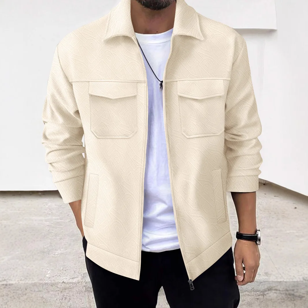 Men's Casual Jacquard Lapel Zipper Jacket, a Trendy and Versatile Coat for Young People