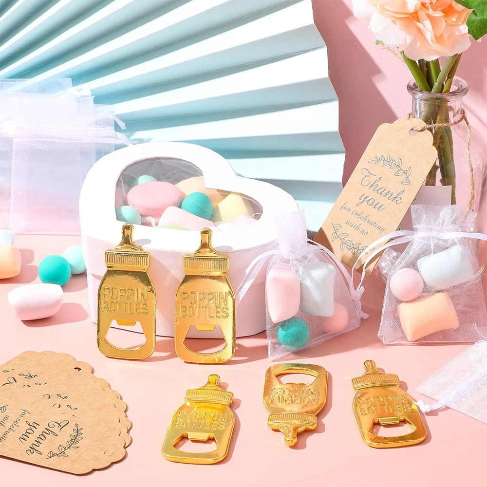 10 set baby shower gift set bottle shaped opener with hard gauze bag commemorative keychain, thank you label themed party gift
