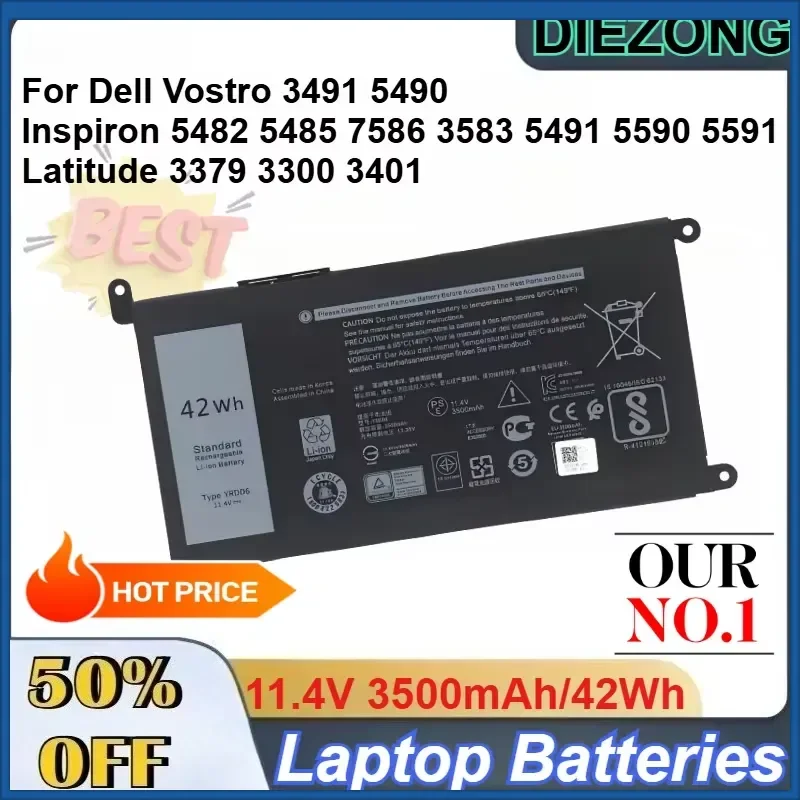 11.4V 3500mAh/42Wh YRDD6 Battery for Dell Vostro 3491 5490 Inspiron 5482 5485 7586 3583 5491 5590 5591 Latitude 3379 3300