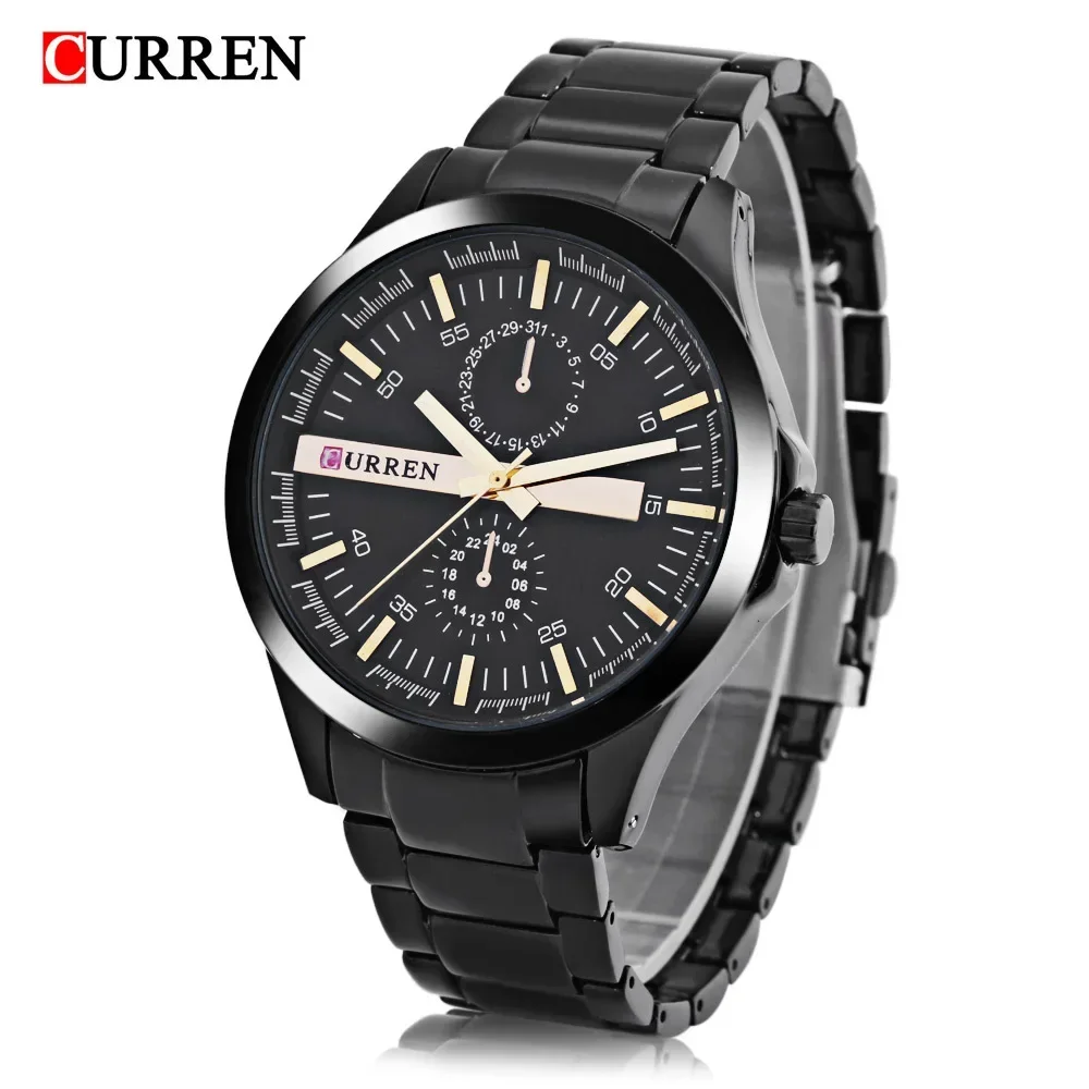 CURREN M8128 Racing Sport Watches Black Golden Clock Male Men Quartz Wrist Watches Japan Movement Black Stainless Steel