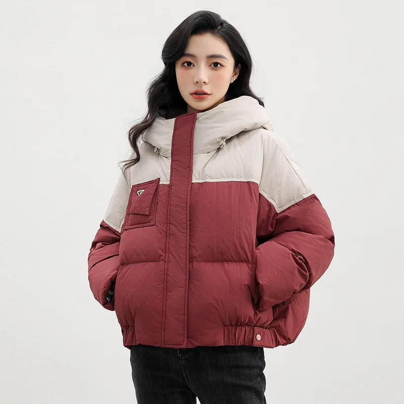 New Winter Clothes for Women Color Blocking Short Down Jacket White Duck Down Thickened Warm Top Hooded Loose Puffer Jacket