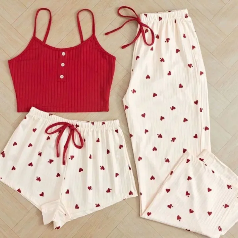 

3 Piece Set Sexy Love Print Pajamas Suits Women Korean Fashion Cute Camisole Shorts Long Pants Sleepwear For Sleep Home Clothes