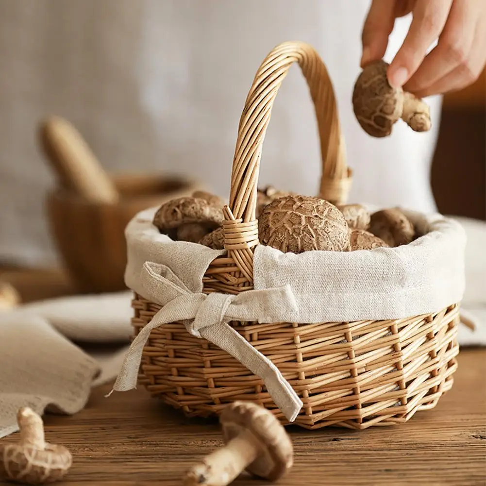 Cesta de mimbre con lazo para niña, cesta de flores para decoración de boda con asa, cesta de frutas portátil, contenedor de almacenamiento para