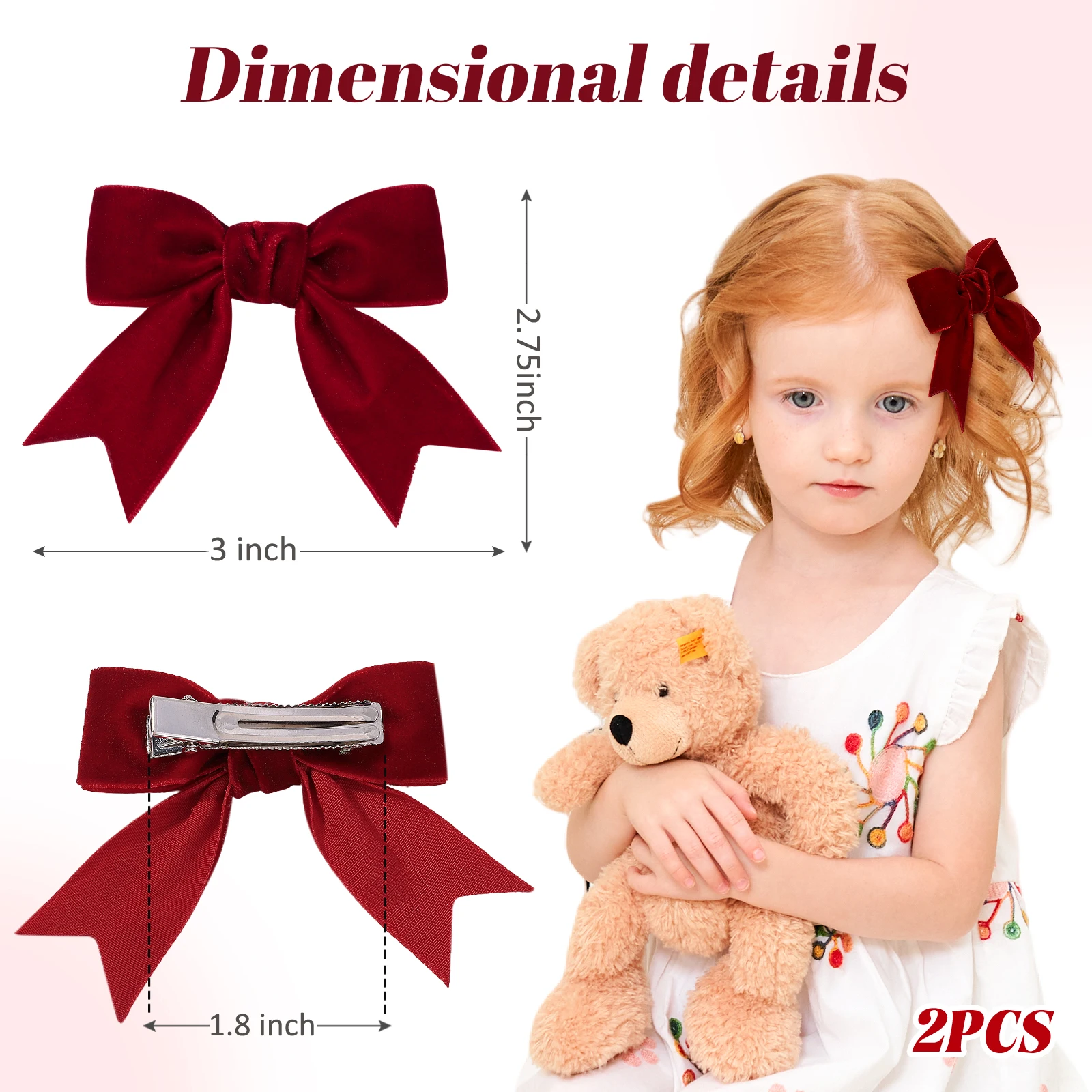 2 uds cinta de terciopelo navideña lazos pinzas para el cabello para niñas Retro rojo verde horquilla hecha a mano accesorios para el cabello de Año Nuevo