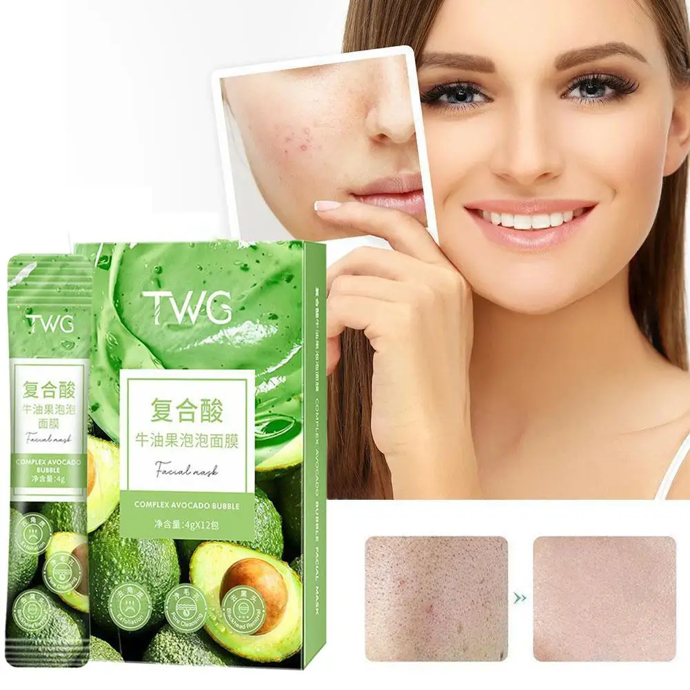 12 Pack Deep Cleansing Complex Acid Avocado Face Mask For Blakehead & Pores, Hydration Bubble Facial Mask Exfoliating Clay H3X1