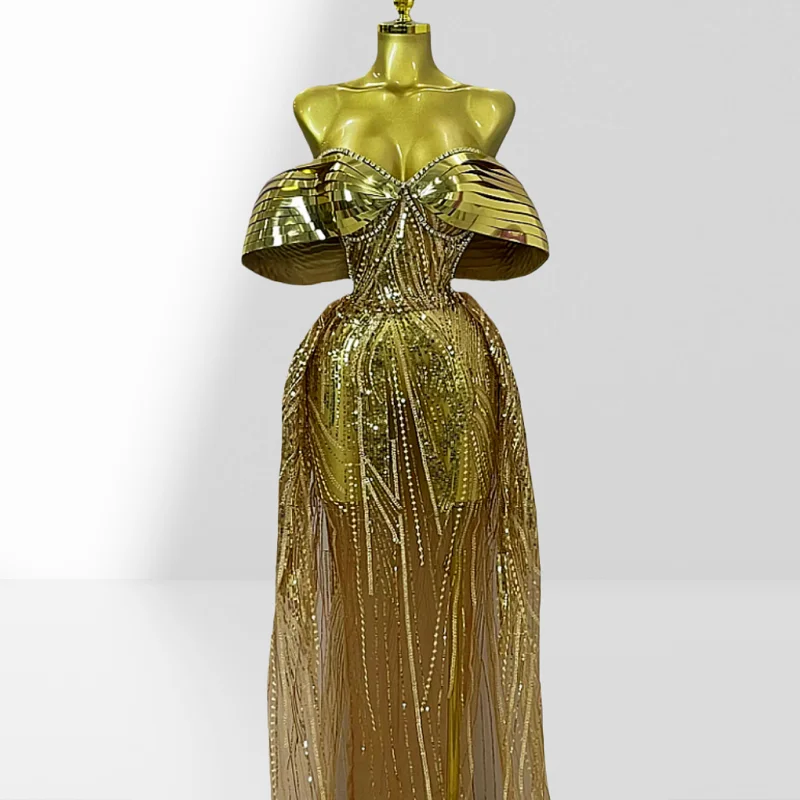 

Electroplated Golden Bow Tie Off-the-shoulder Sequin Embroidered Fashion Woman Birthday Party Dress Stage Performance Costume