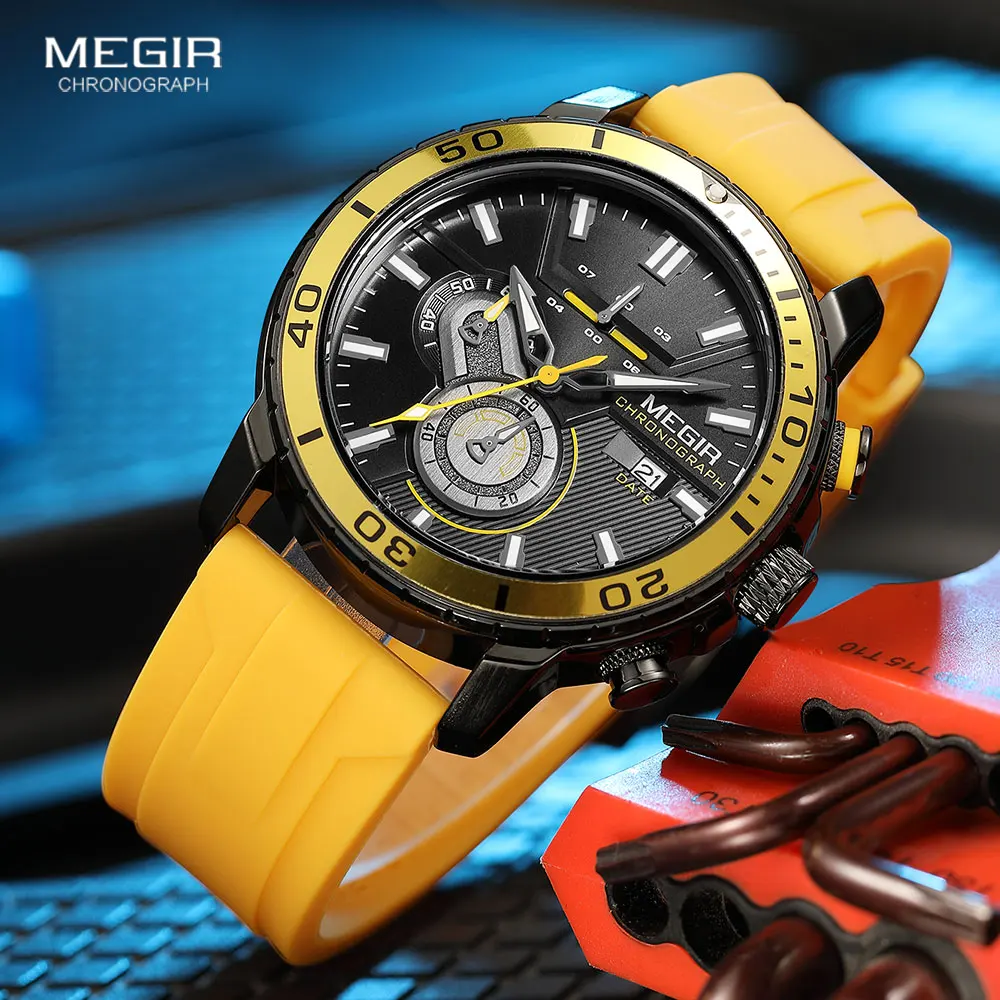 MEGIR-reloj de cuarzo deportivo amarillo para hombre, cronógrafo de pulsera a la moda, resistente al agua, con correa de silicona, fecha automática,