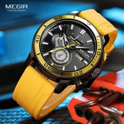 MEGIR Yellow Sport Quartz Watch for Men Fashion Waterproof Chronograph Wristwatch with Silicone Strap Auto Date Luminous Hands