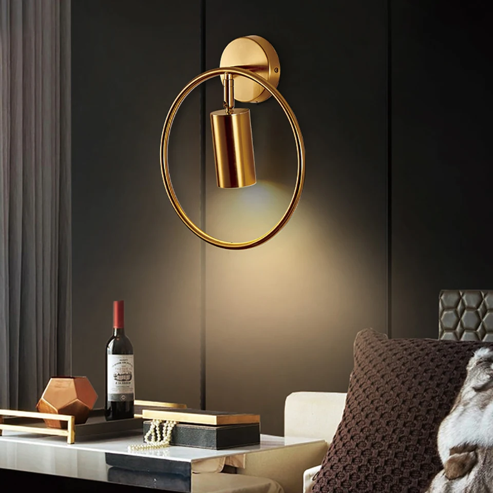 Luxury Postmodern Wall Lamps Indoor Gold Ring Living Room Wall Decor 180° Rotation Sconce Bedroom Stairway Vanity Bedside Light