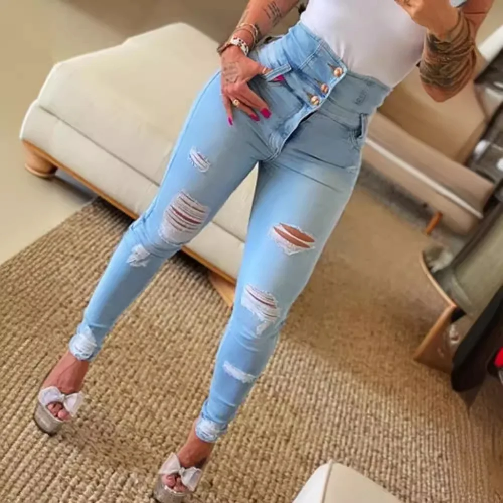 

Women Skinny Jeans Denim Pants Summer Sexy Slim Hole Ripped High Waist Button Pockets Pants Jeans