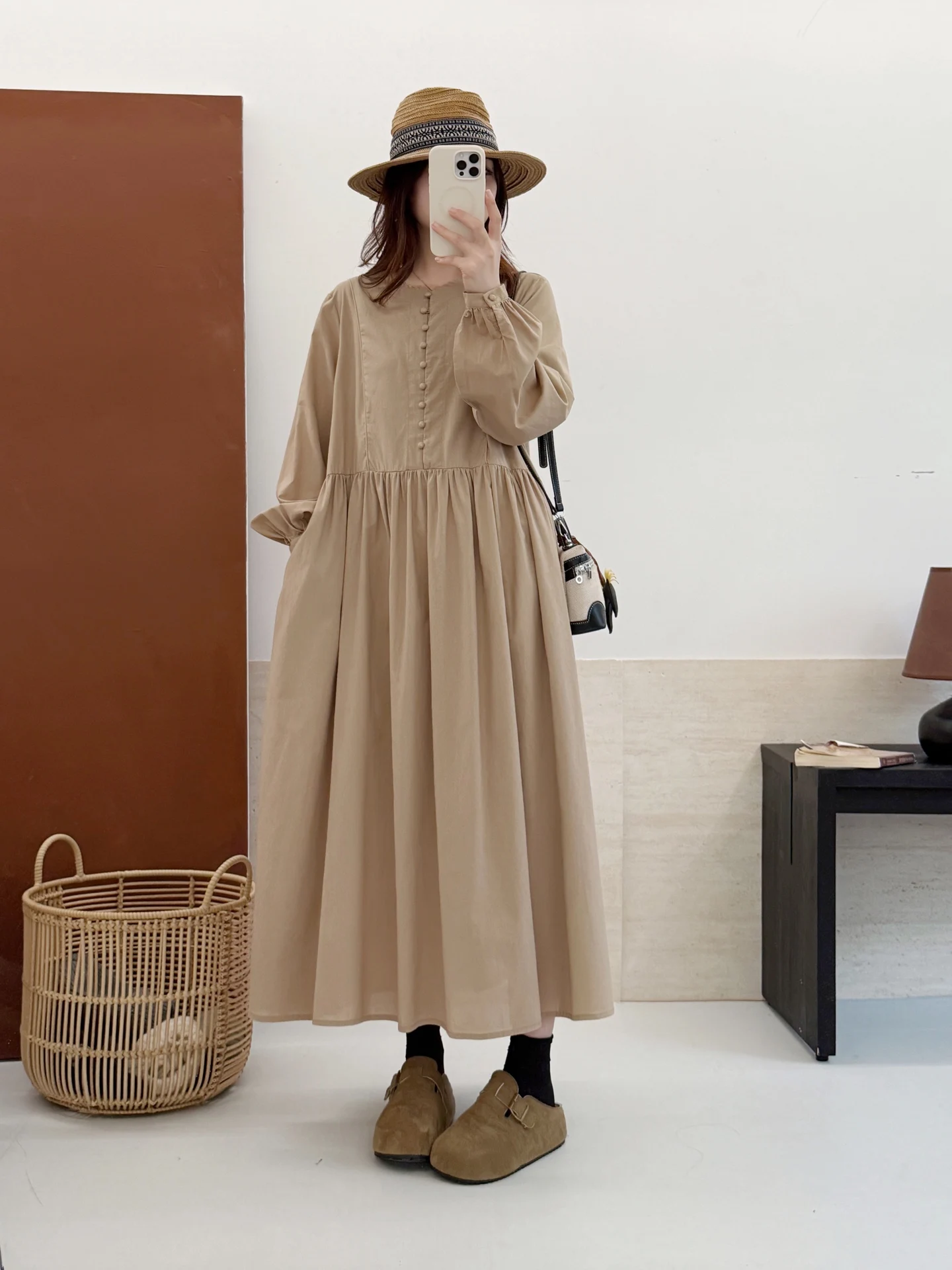 

Ретро-платье свободного кроя с длинными рукавами, круглым вырезом и пуговицами спереди, женское повседневное однотонное элегантное длинное платье из хлопка, юбка А-силуэта