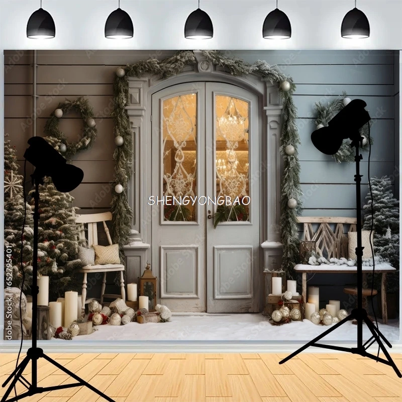 

Christmas Day Wreach Snowflake Photography Backdrops Front Door Winter New Year Cottage Living Room Decoration Background DD-02