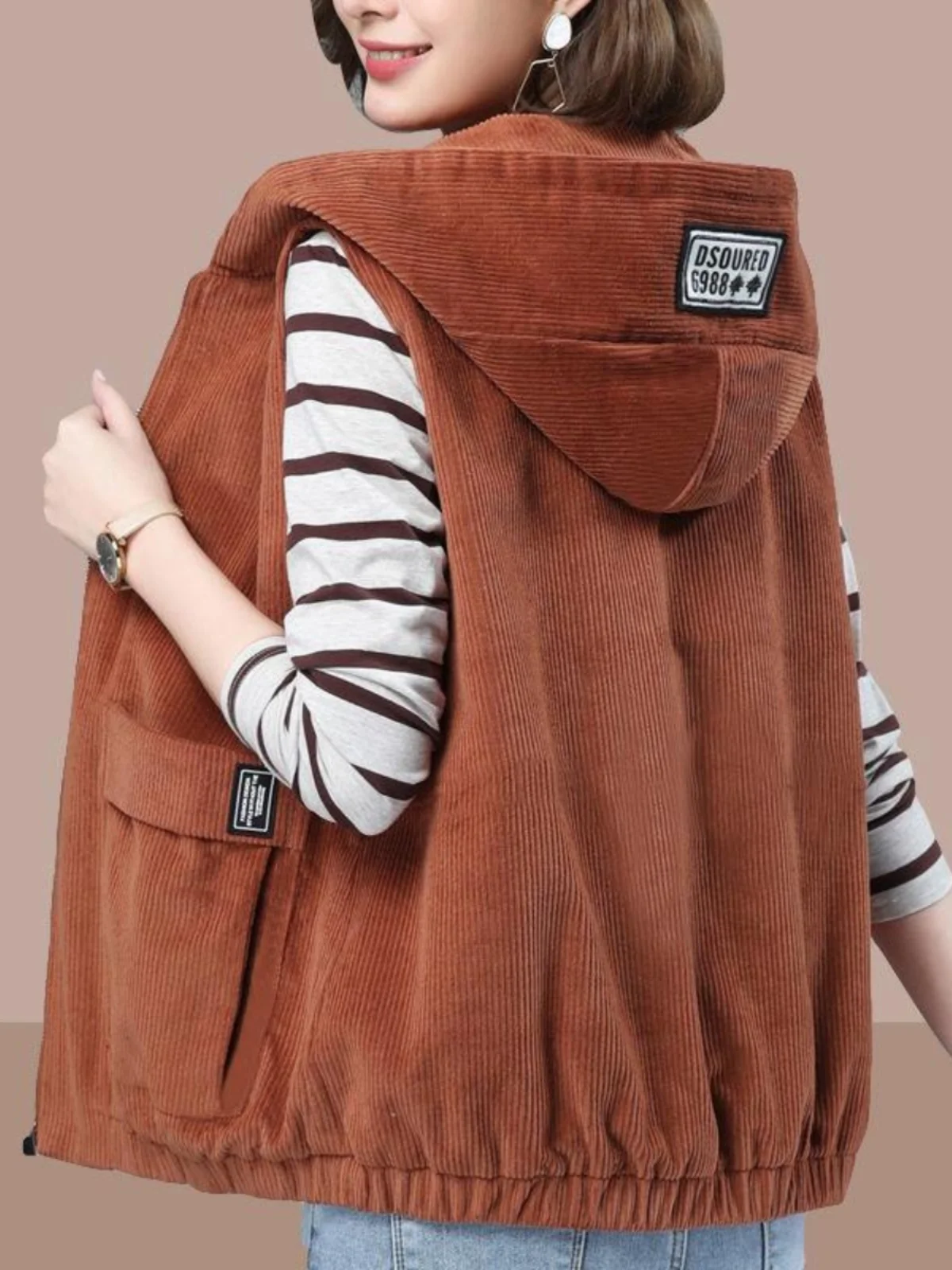 

Large Size Corduroy Vest Women's Casual Loose Hoodie oulder Pad Spring Autumn New Sle Commuter Zipper Regular Length