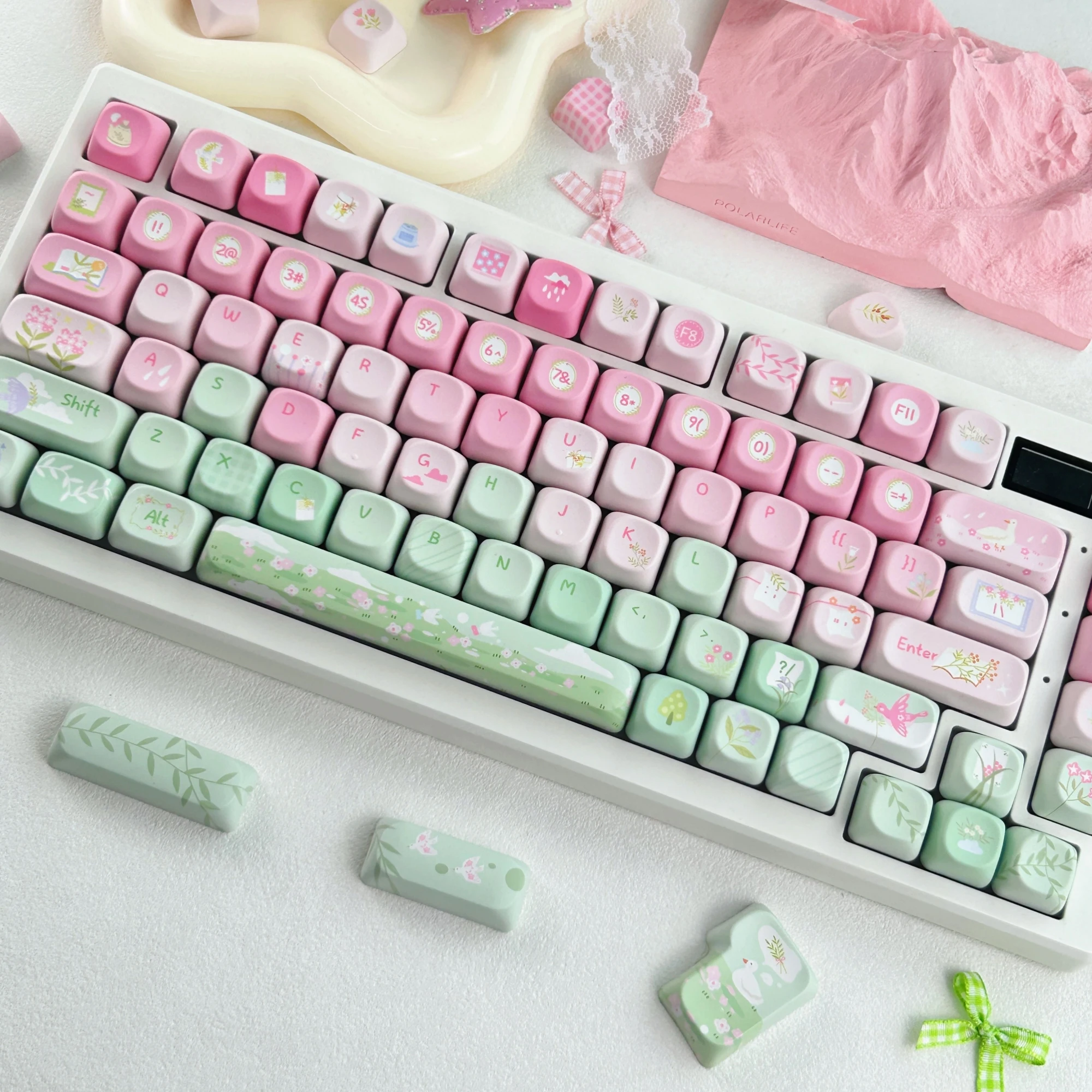 MAIMOOO Spring Story Keycap Korean Russian MOA/Cherry Profile PBT Custom Pink Green Cute Bird Flower Mechanical Keyboard Keycaps