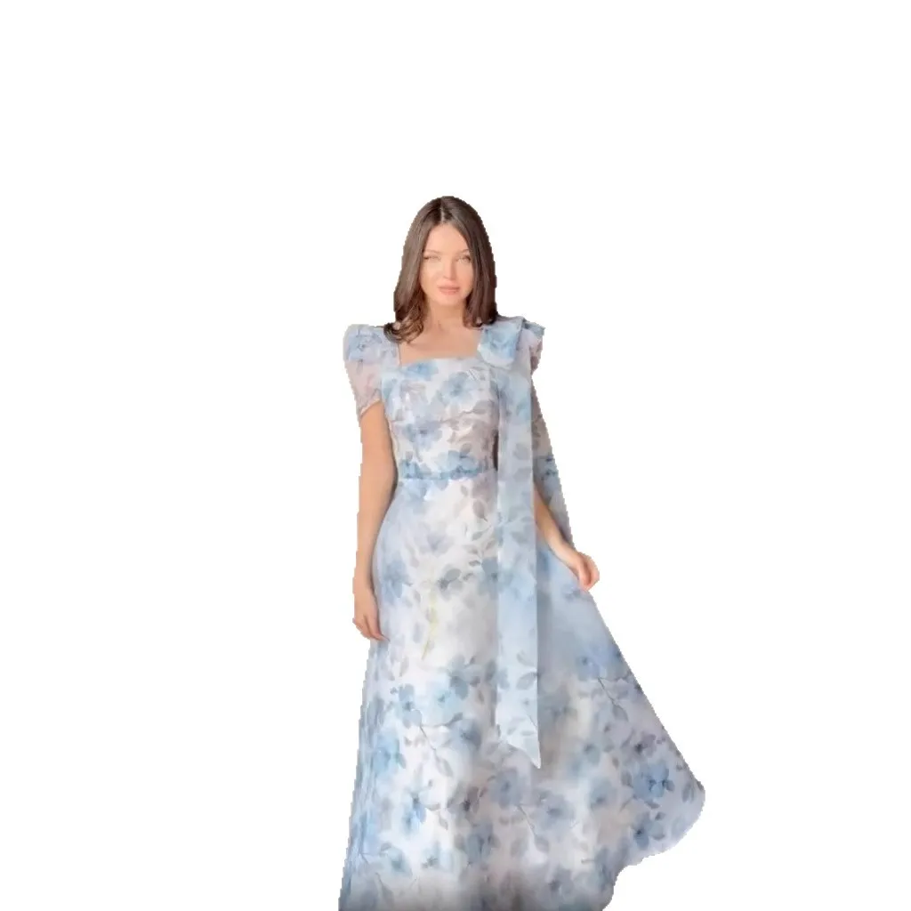 女性プリントドレス Aライン半袖ロングドレス スリムフィット エレガントスクエアカラー スプライスドレス パーティー プロム サマードレス