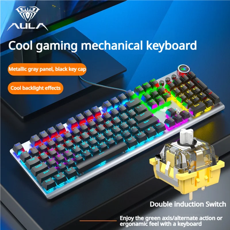 AULA F3018 Mechanical Gaming Keyboard 104 Keys Anti-Ghosting RGB Backlit Metal Panel Dual Touch Switch Wired Keyboard for PC/Mac