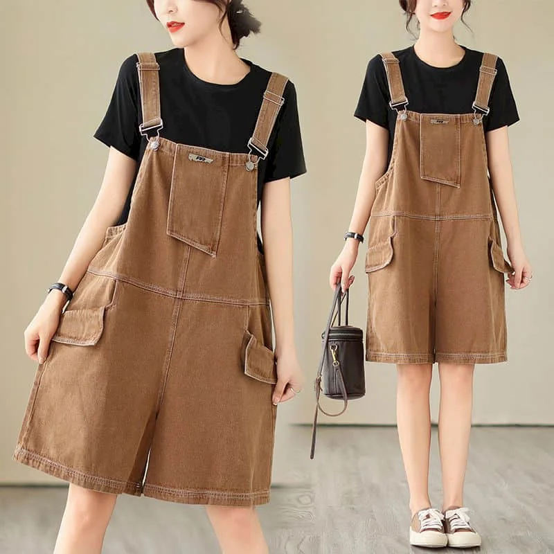 Denim Jumpsuits for Women Vintage Korean Style One Piece Outfit Casual Cropped Rompers Solid Short Jeans Summer Women Clothing