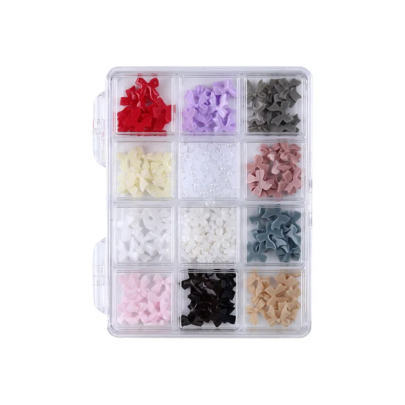 New Arrival Resin Nail Art Charms 12-Slot Boxed Collection of Bowties, Hearts, Moons, Flowers and Pearls for a Charming Manicure