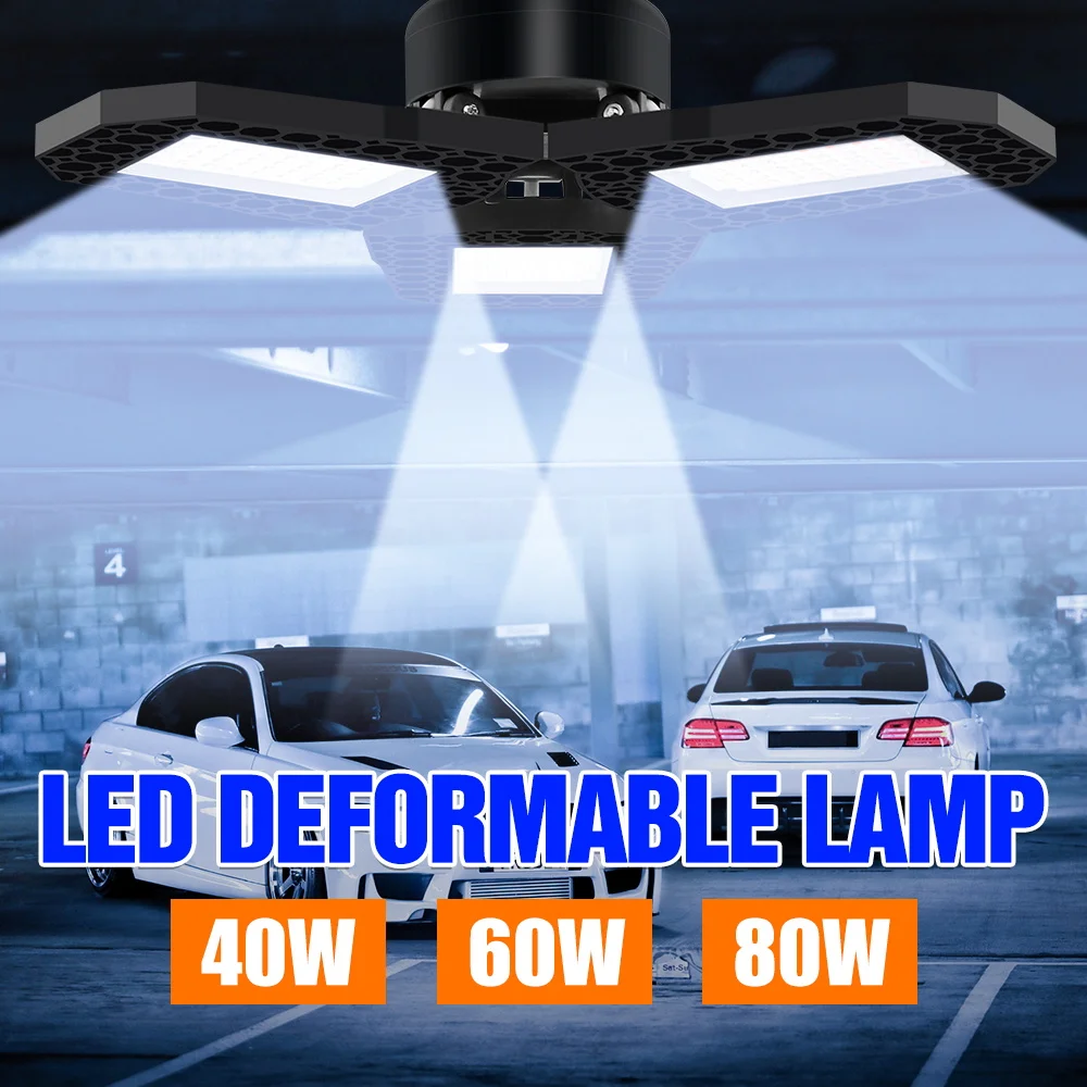 80W LED Garage Light Workshop E27/E26 Foldable Ceiling Lamp 220V Spotlights Bulb 110V Deformable Warehouse Basement Lighting