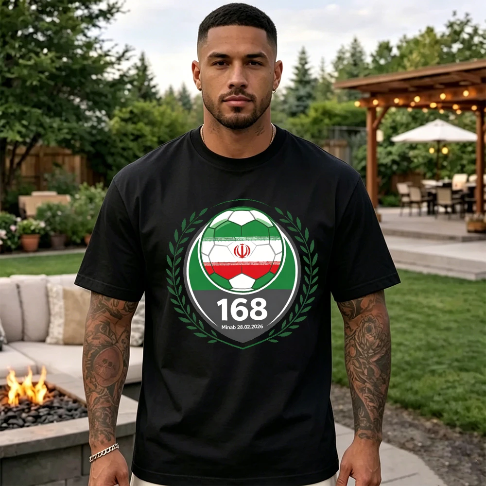 2026 Iran Soccer Unisex T-Shirt Minab #168 Memorial Badge Iran Flag Soccer Minab 28.02.2026 Short Sleeve Tee For Men Women Fans