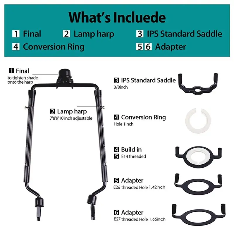 ABKW-3Pcs 7Inch Lamp Shade Harp Holder Adjustable Lamp Harp Kit E14,E26,E27 Light Base Adapter Black Horn Frame