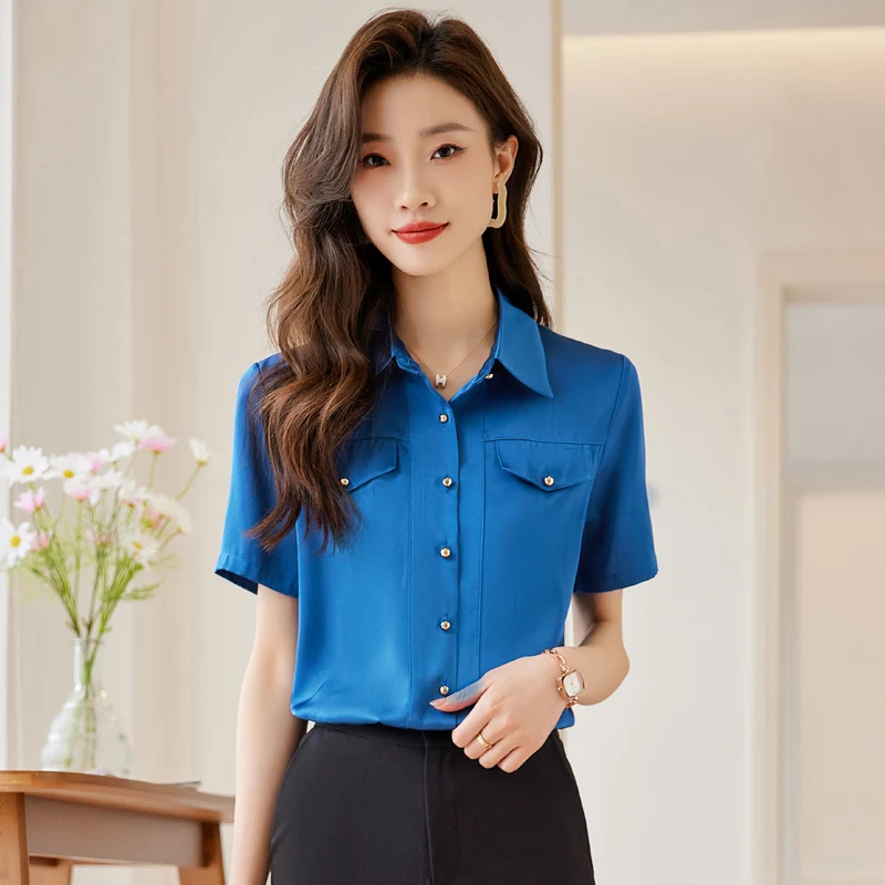 NAVIU Fashion Women Shirt New Summer Temperament Slim Short Sleeve Formal Chiffon Blouses Office Ladies Work Tops Blue