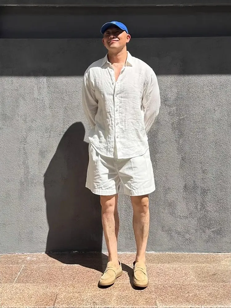 

Men's Long Sve Linen Silk irt Set Loose Comfortable Lazy Sle Summer Faion Two Piece Set Casual Wear for Teenagers