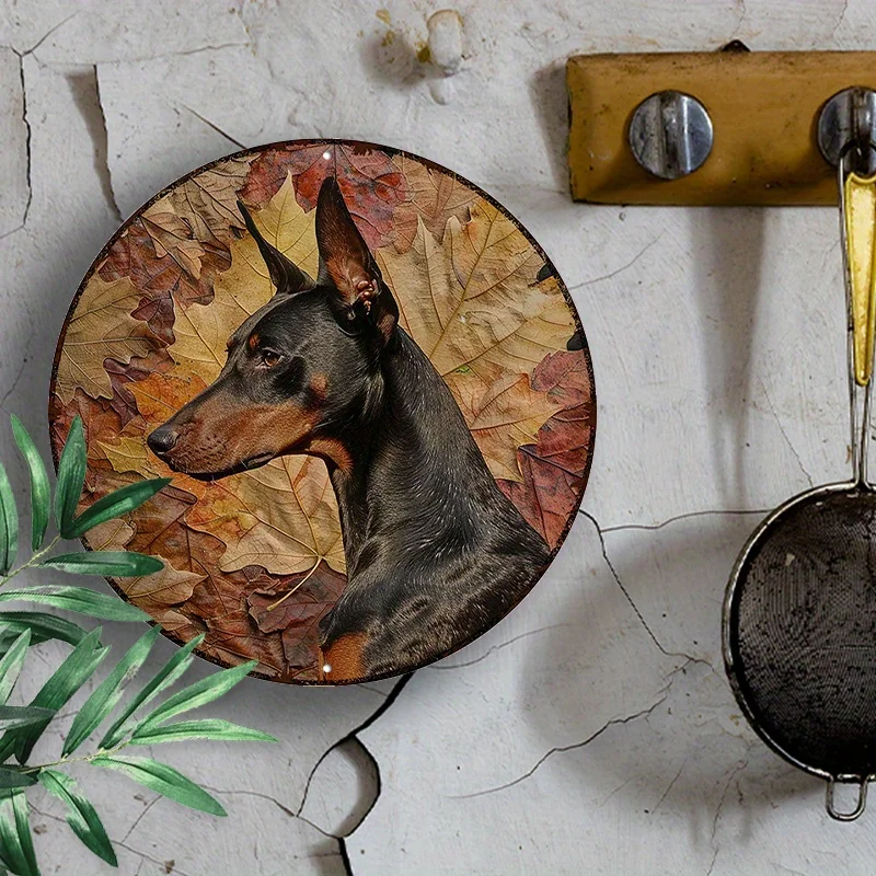 لافتة ألومنيوم مستديرة مقاس 8 × 8 بوصة: لوحة فنية جدارية من دوبيرمان بينشر ذات أوراق مجففة - مقاومة للماء والأشعة فوق البنفسجية لديكور المنزل #5