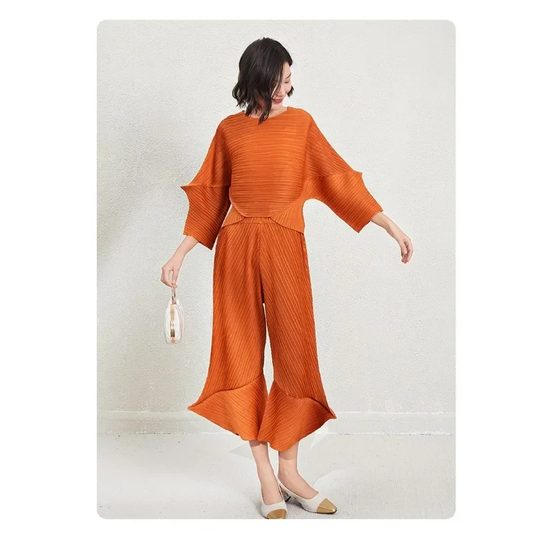 SMVP Geplooid damespak effen kleur ronde hals lange mouw top losse grote maat gevouwen broek 2025, lente herfst nieuwe vrouw