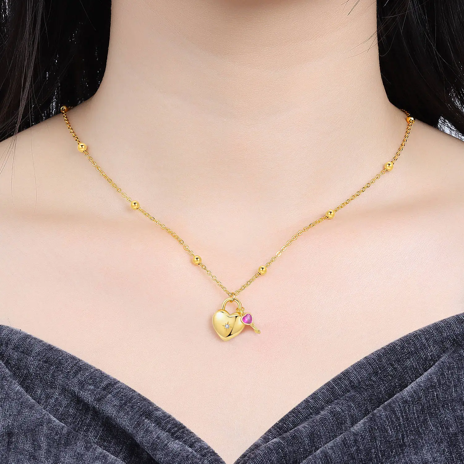 PANPOKI-collar con llave y cerradura en forma de corazón para mujer, de Plata de Ley 925, oro de 18 quilates, colgante, regalos de cumpleaños, joyería de boda