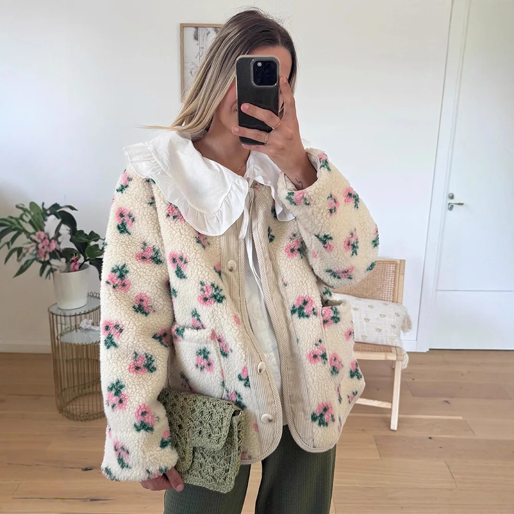 2026 Autumn Winter Soft Comfy Warm Jacket Sweet Fresh Ditsy Floral Polar Fleece Cotton Padded Coat Loose Casual Floral Outerwear