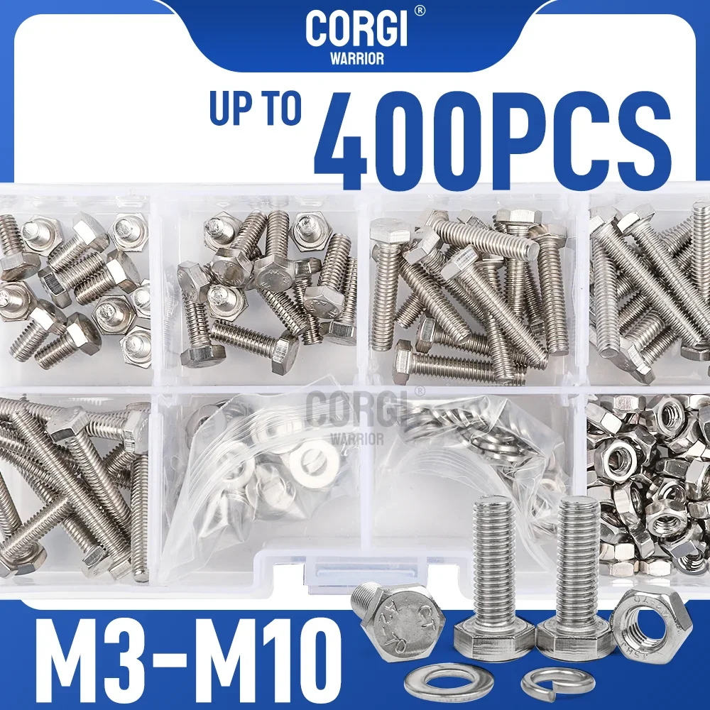 42-400 Heavy Duty Stainless Steel 304 Hex Head Nuts Bolts Assortment Kit M3 M4 M5 M6 M8 M10 Machine Screws Spring Lock Washers