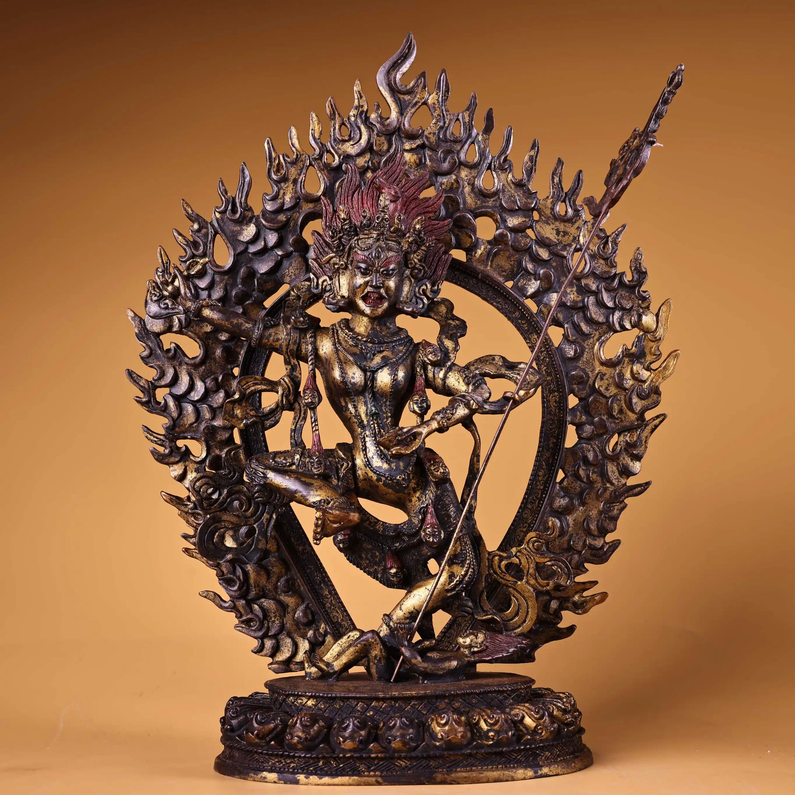 

14"Tibetan Temple Collection Old Bronze Gilded High Relief Dakini Standing Buddha Backlight Lotus Terrace Amitabha Worship Hall