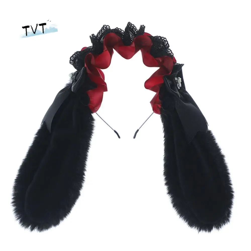 

Sweet Bowknot Plush Bunny Hair Hoop Ribbon Furry Lolita Rabbit Ears Headband Cute Lace Lop Ear Headwear Head Accessories